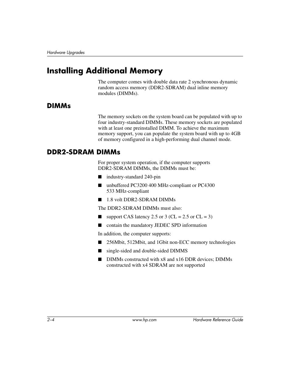 Installing additional memory, Dimms, Ddr2-sdram dimms | Installing additional memory –4, Dimms –4 ddr2-sdram dimms –4 | HP dx6120 User Manual | Page 14 / 52