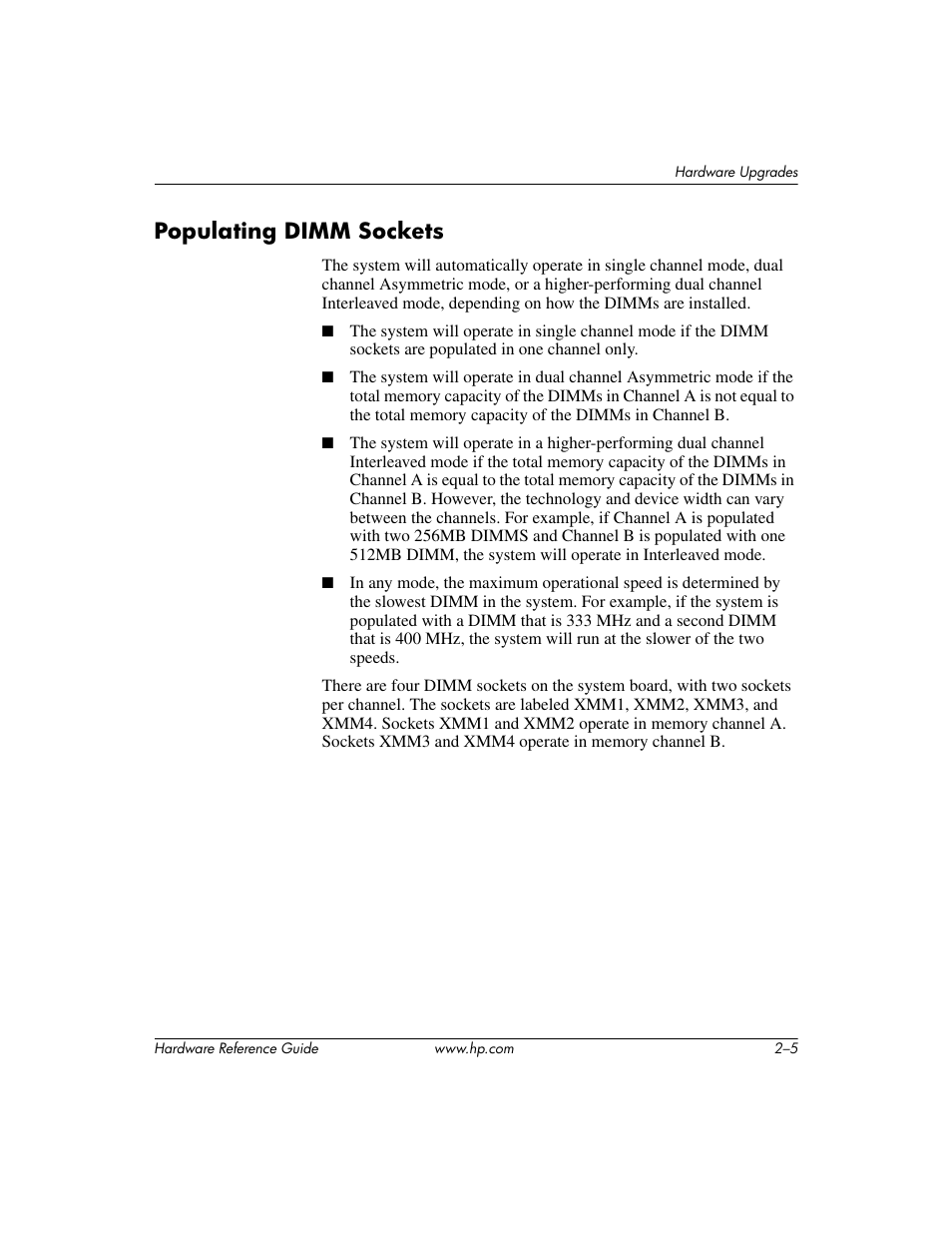 Populating dimm sockets, Populating dimm sockets –5 | HP dx6120 User Manual | Page 15 / 52