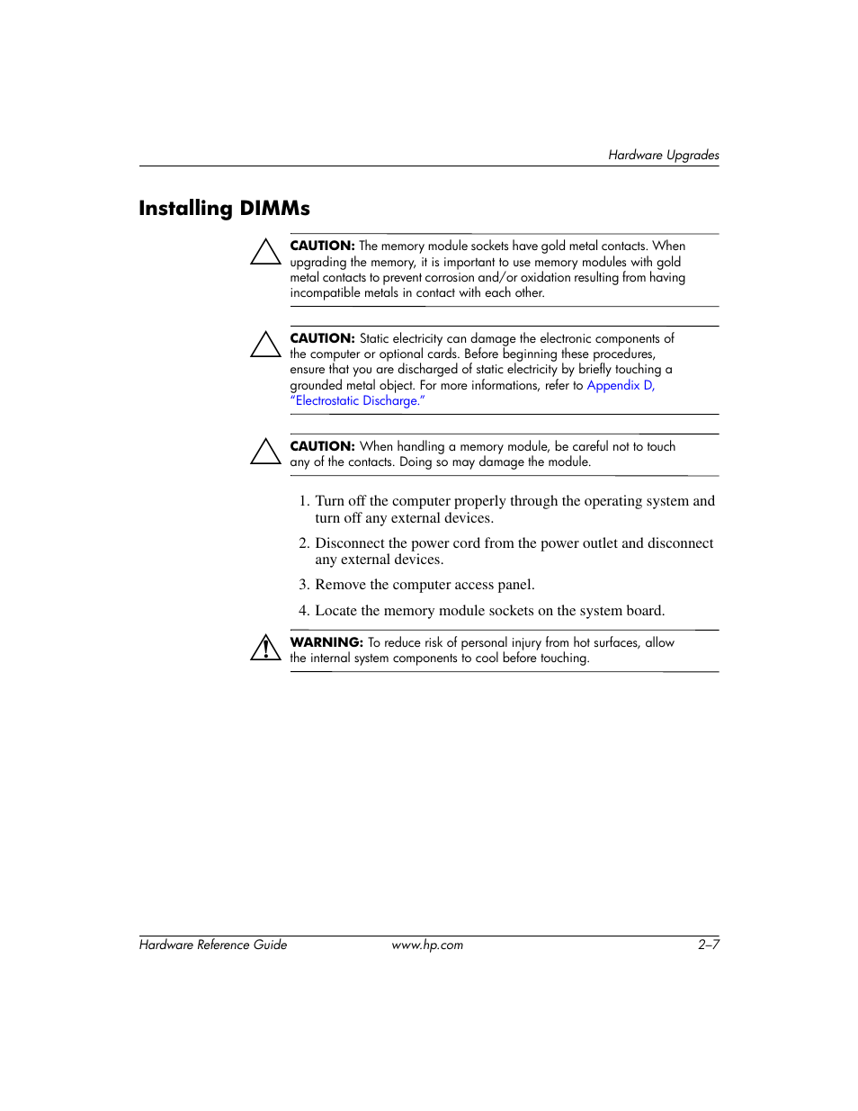 Installing dimms, Installing dimms –7 | HP dx6120 User Manual | Page 17 / 52