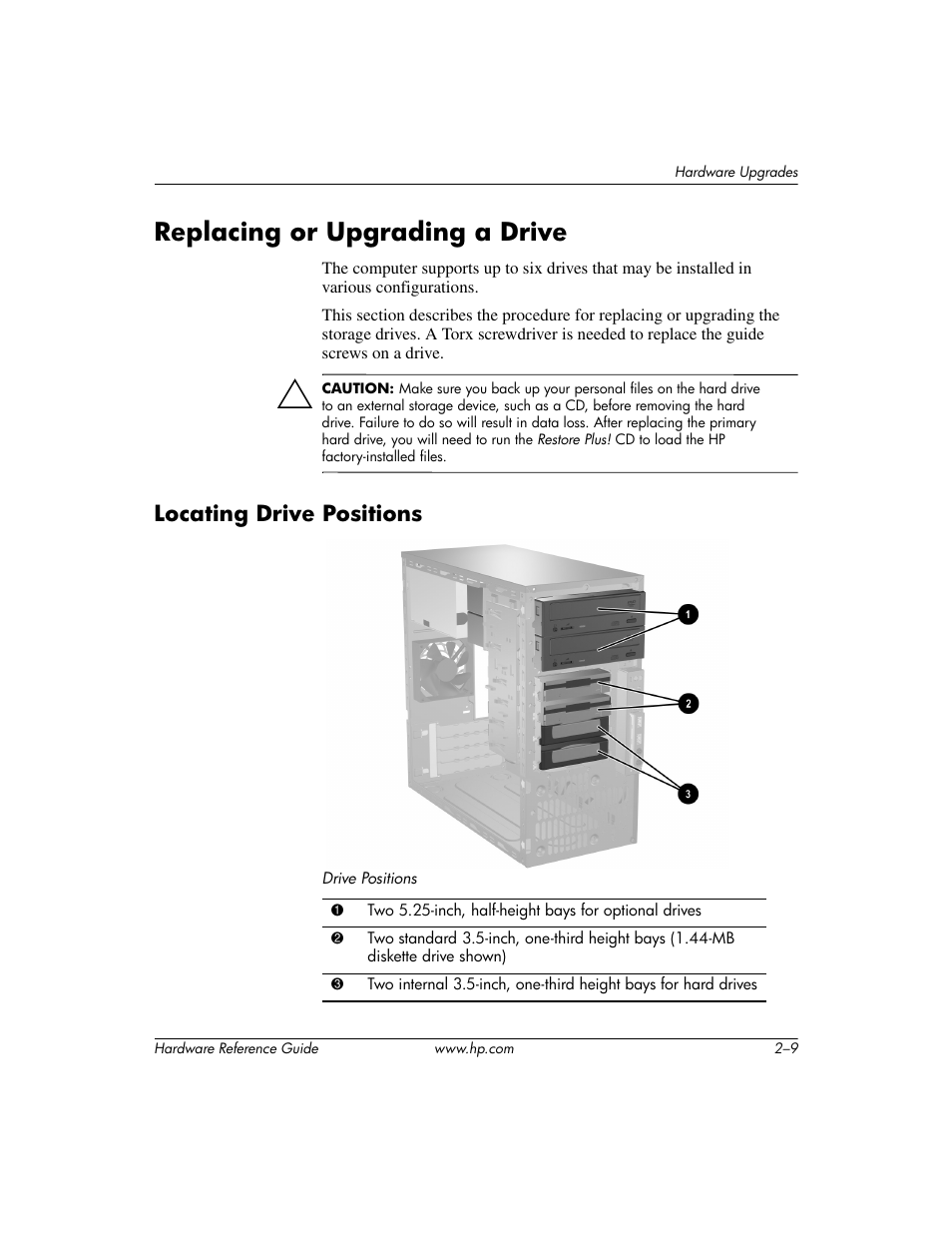 Replacing or upgrading a drive, Locating drive positions, Replacing or upgrading a drive –9 | Locating drive positions –9 | HP dx6120 User Manual | Page 19 / 52