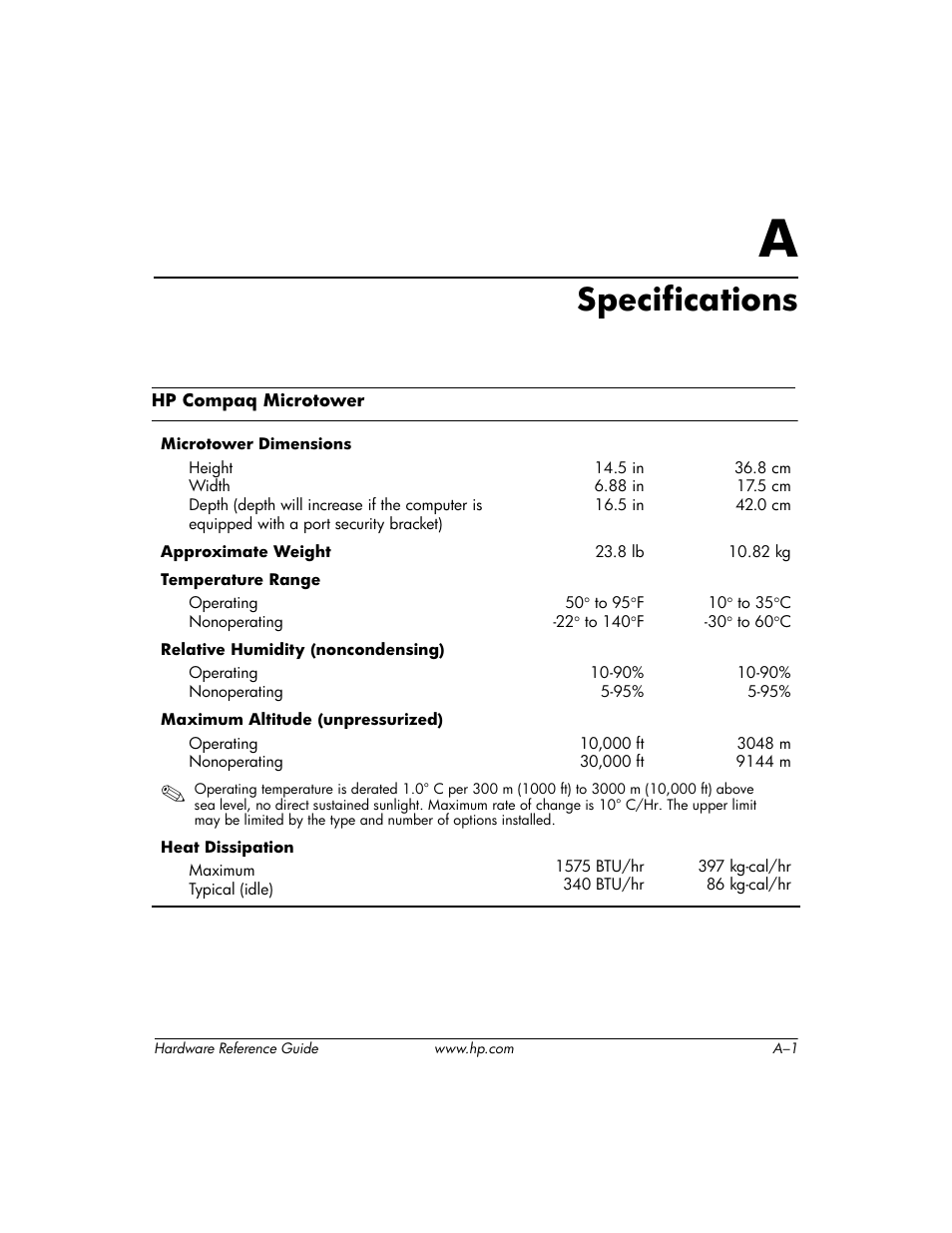 Specifications, A specifications | HP dx6120 User Manual | Page 37 / 52