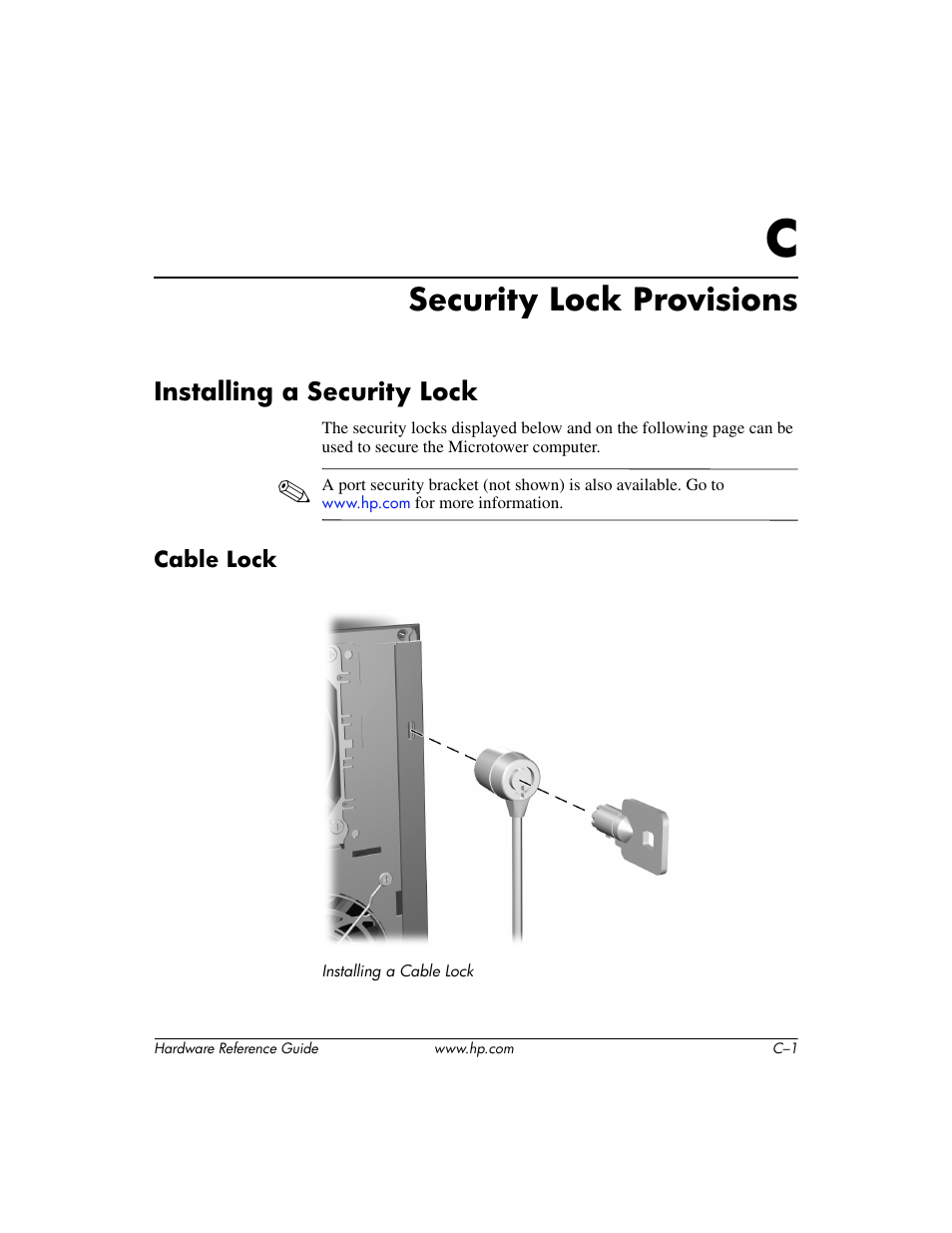 Security lock provisions, Installing a security lock, Cable lock | C security lock provisions | HP dx6120 User Manual | Page 43 / 52