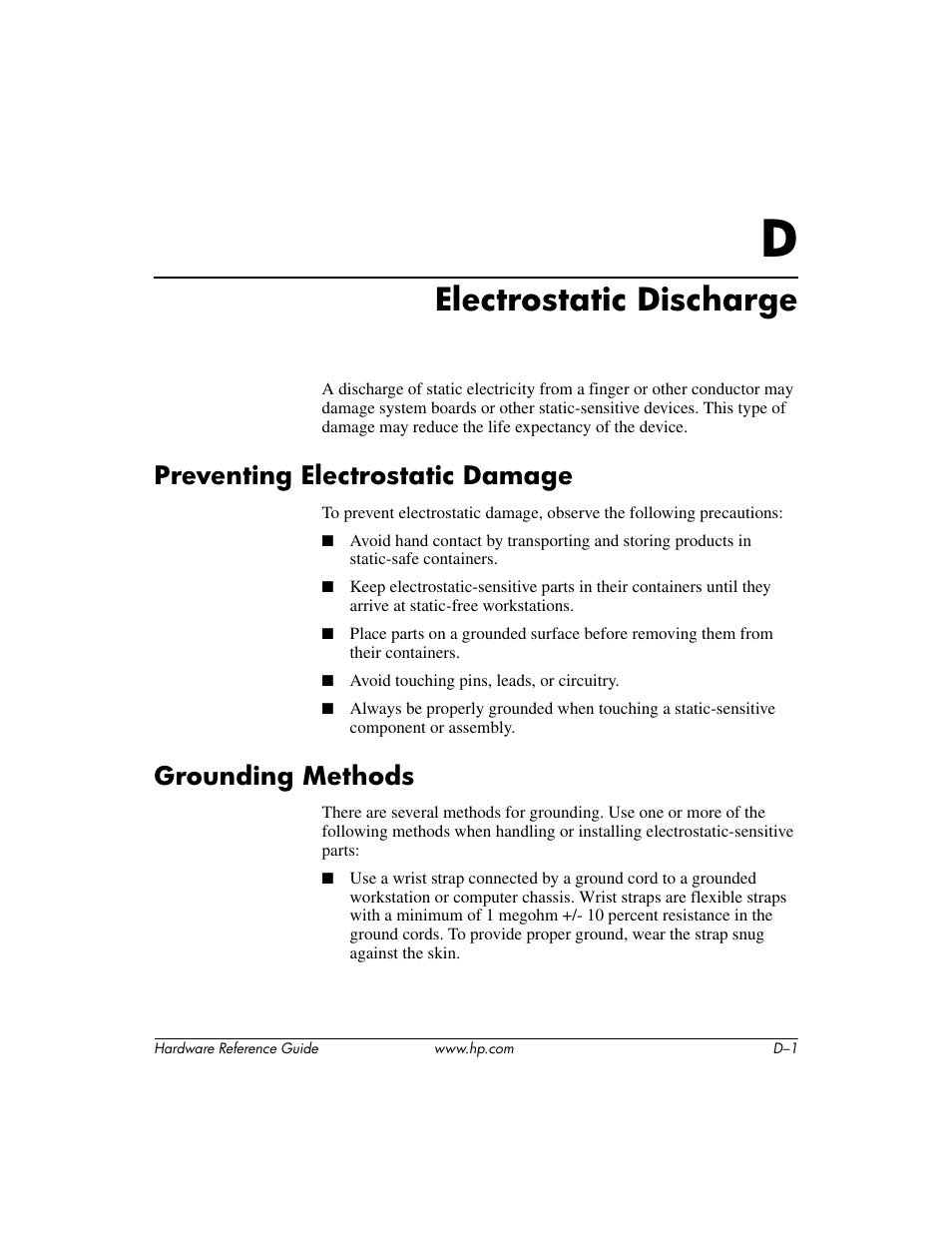 Electrostatic discharge, Preventing electrostatic damage, Grounding methods | D electrostatic discharge | HP dx6120 User Manual | Page 45 / 52