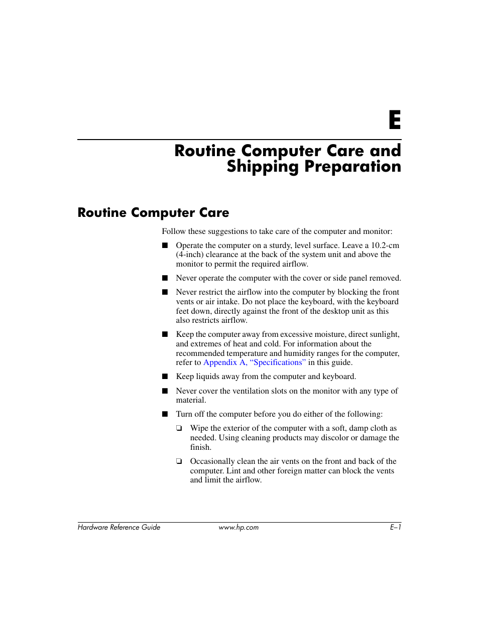 Routine computer care and shipping preparation, Routine computer care, E routine computer care and shipping preparation | HP dx6120 User Manual | Page 47 / 52