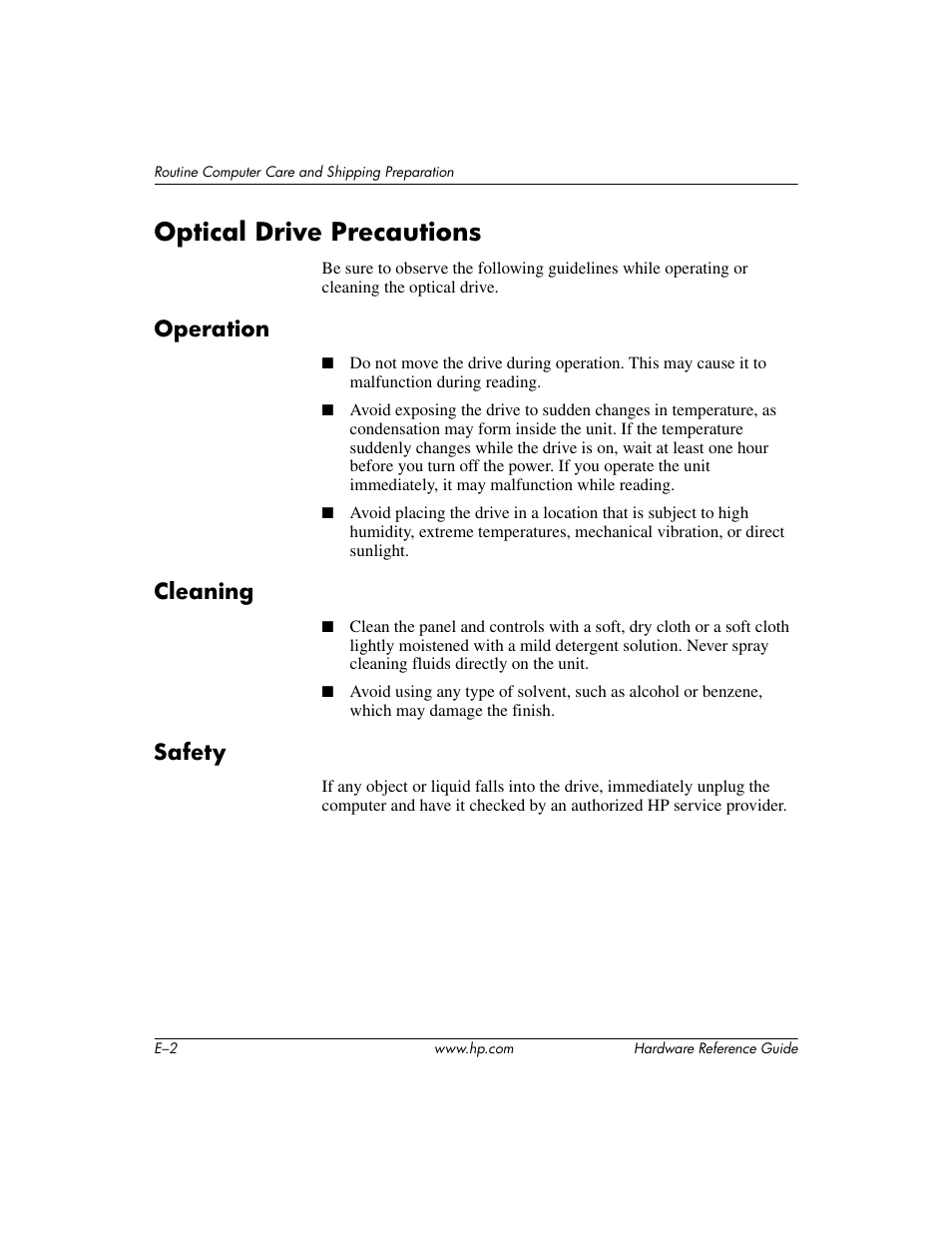 Optical drive precautions, Operation, Cleaning | Safety | HP dx6120 User Manual | Page 48 / 52