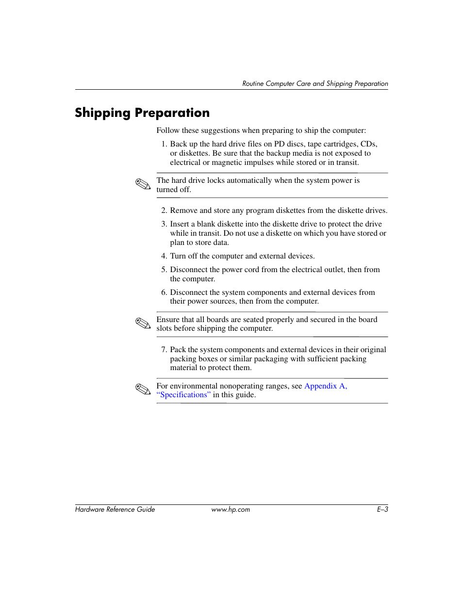 Shipping preparation | HP dx6120 User Manual | Page 49 / 52