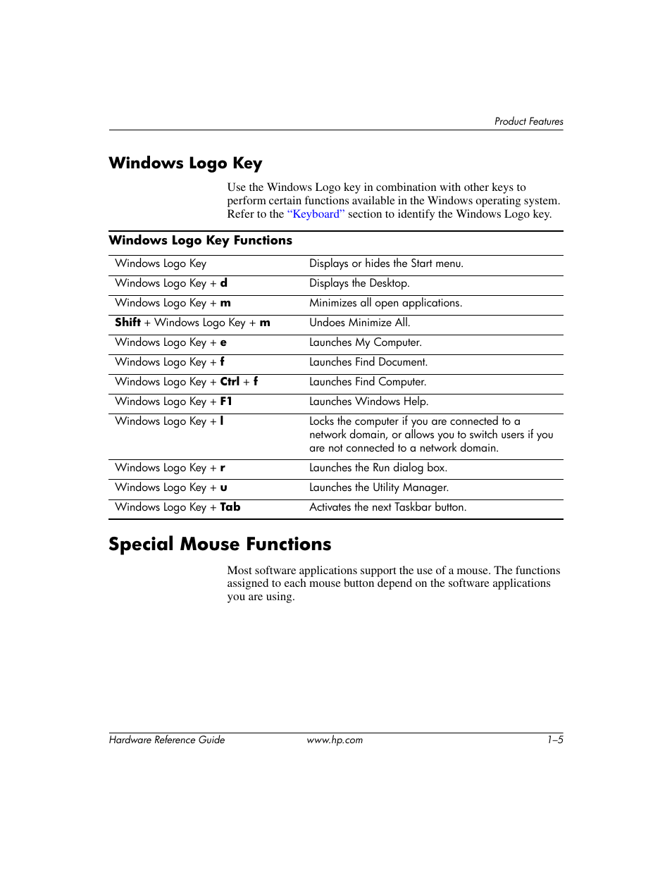 Windows logo key, Special mouse functions, Windows logo key –5 | Special mouse functions –5 | HP dx6120 User Manual | Page 9 / 52