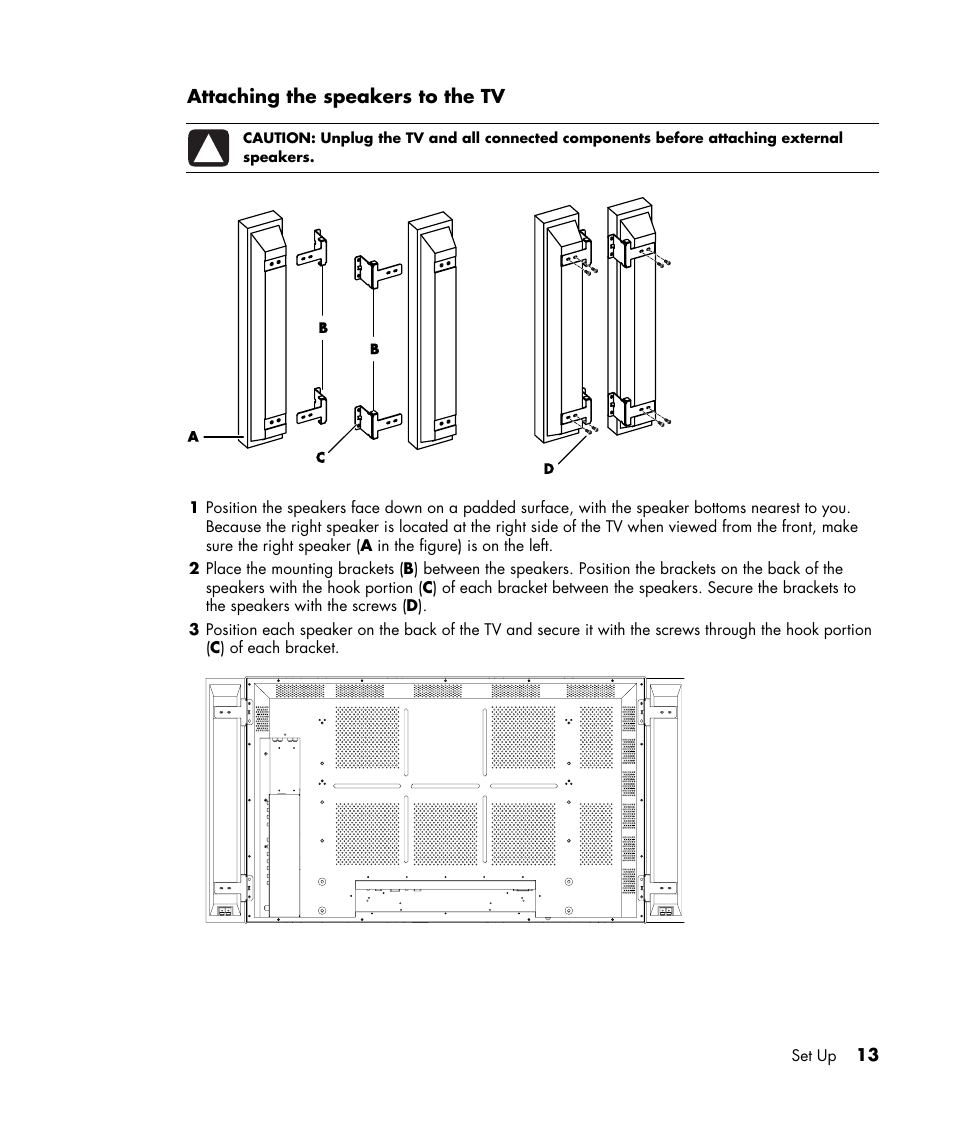 Attaching the speakers to the tv | HP PE4240N User Manual | Page 17 / 80