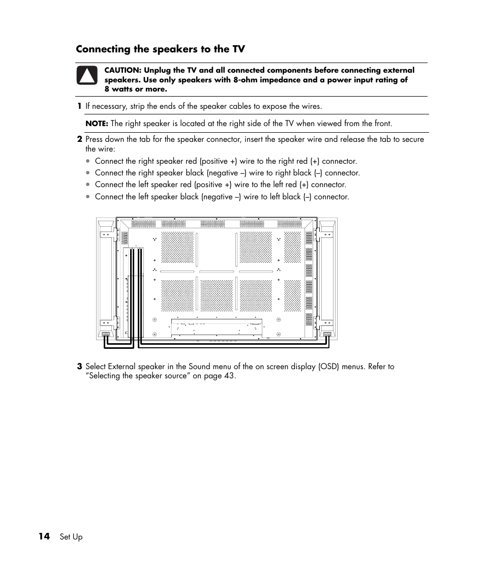 Connecting the speakers to the tv | HP PE4240N User Manual | Page 18 / 80