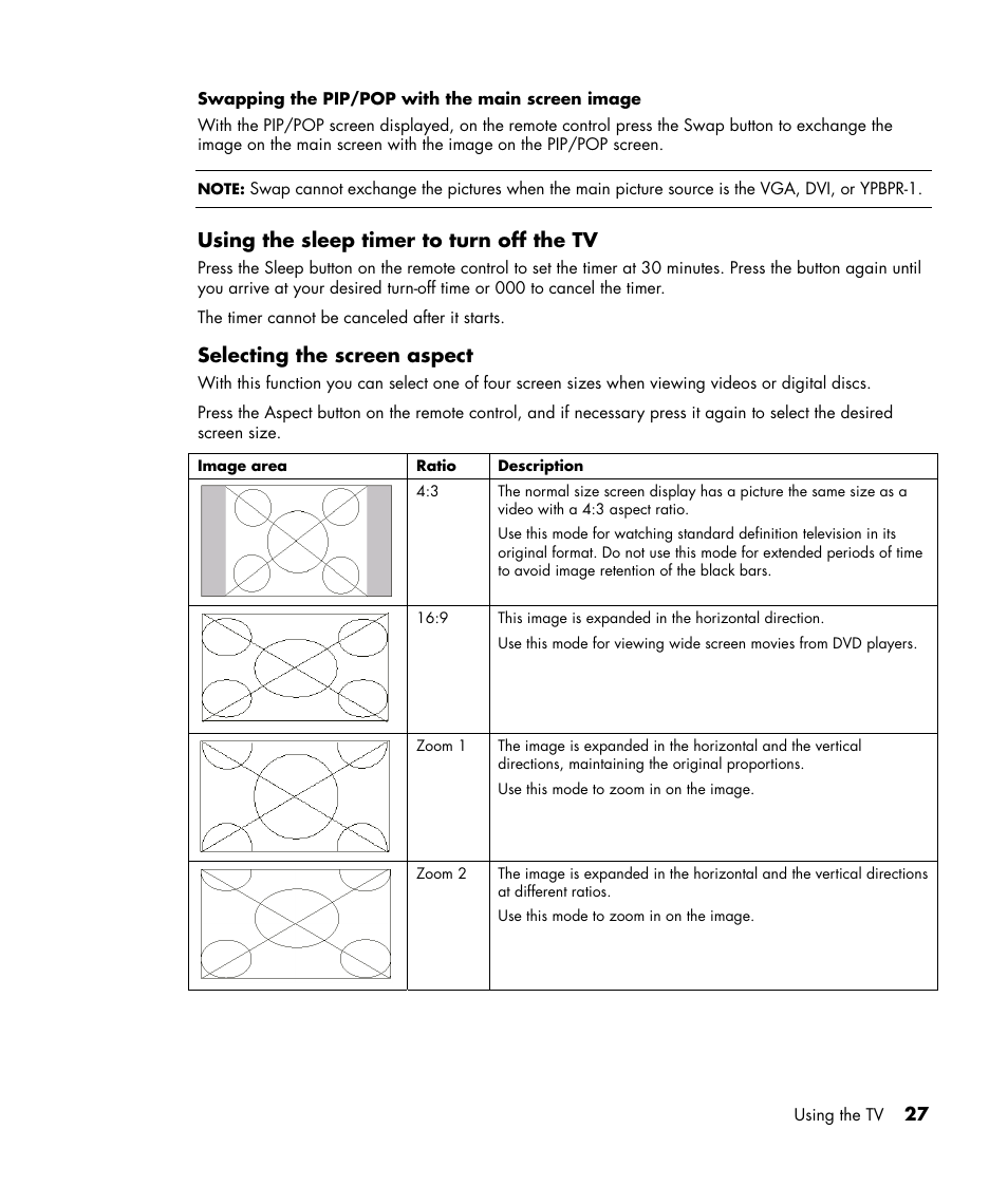 Using the sleep timer to turn off the tv, Selecting the screen aspect | HP PE4240N User Manual | Page 31 / 80