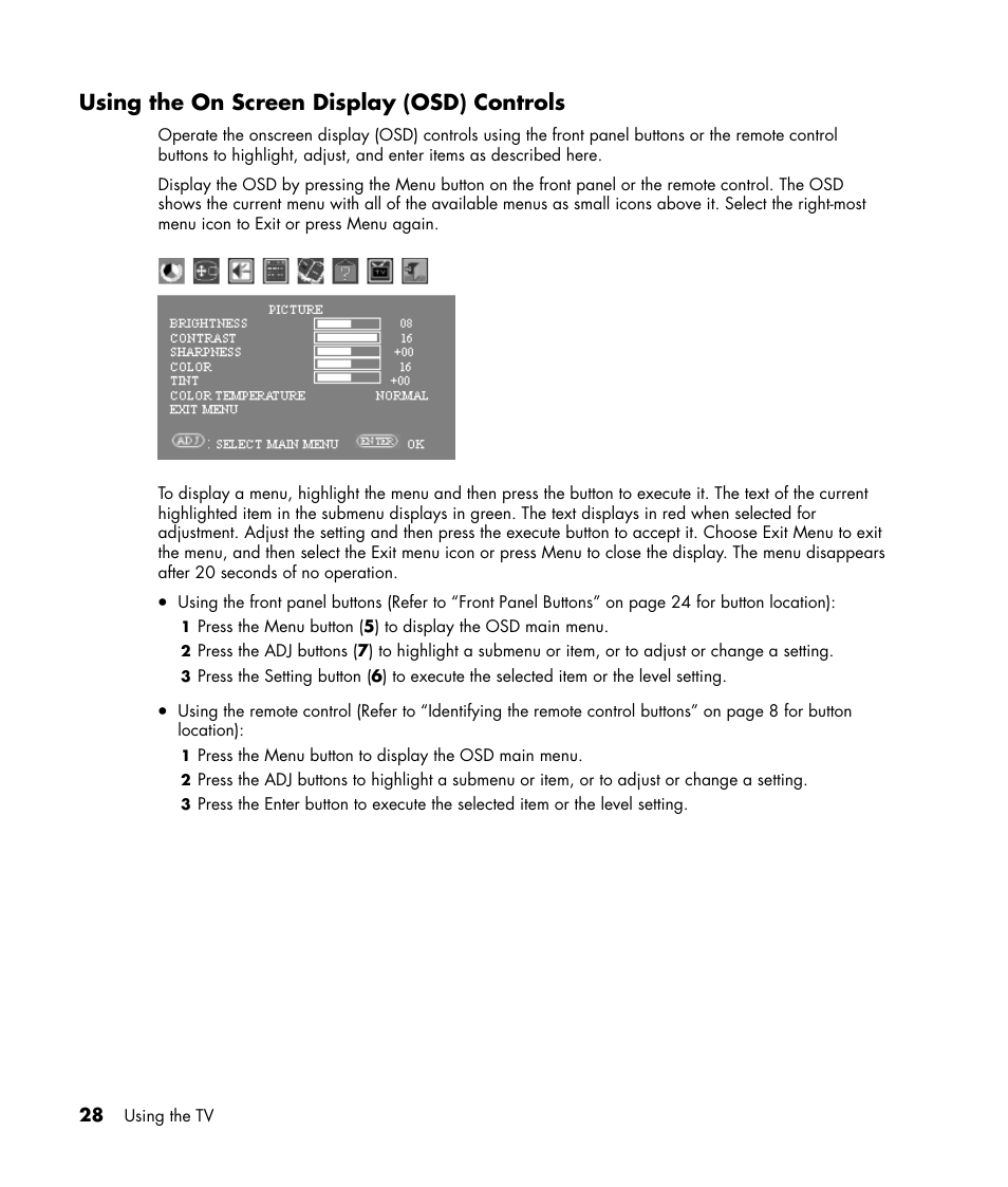 Using the on screen display (osd) controls | HP PE4240N User Manual | Page 32 / 80