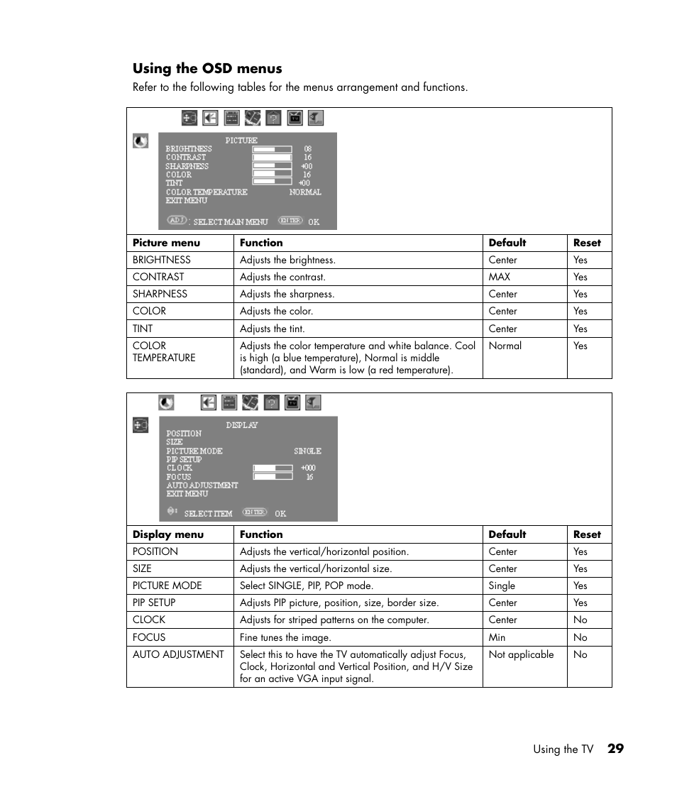 Using the osd menus | HP PE4240N User Manual | Page 33 / 80