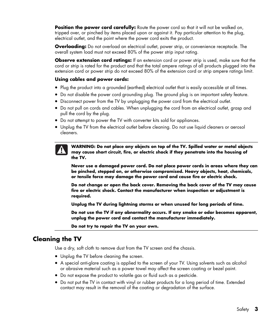 Cleaning the tv | HP PE4240N User Manual | Page 7 / 80