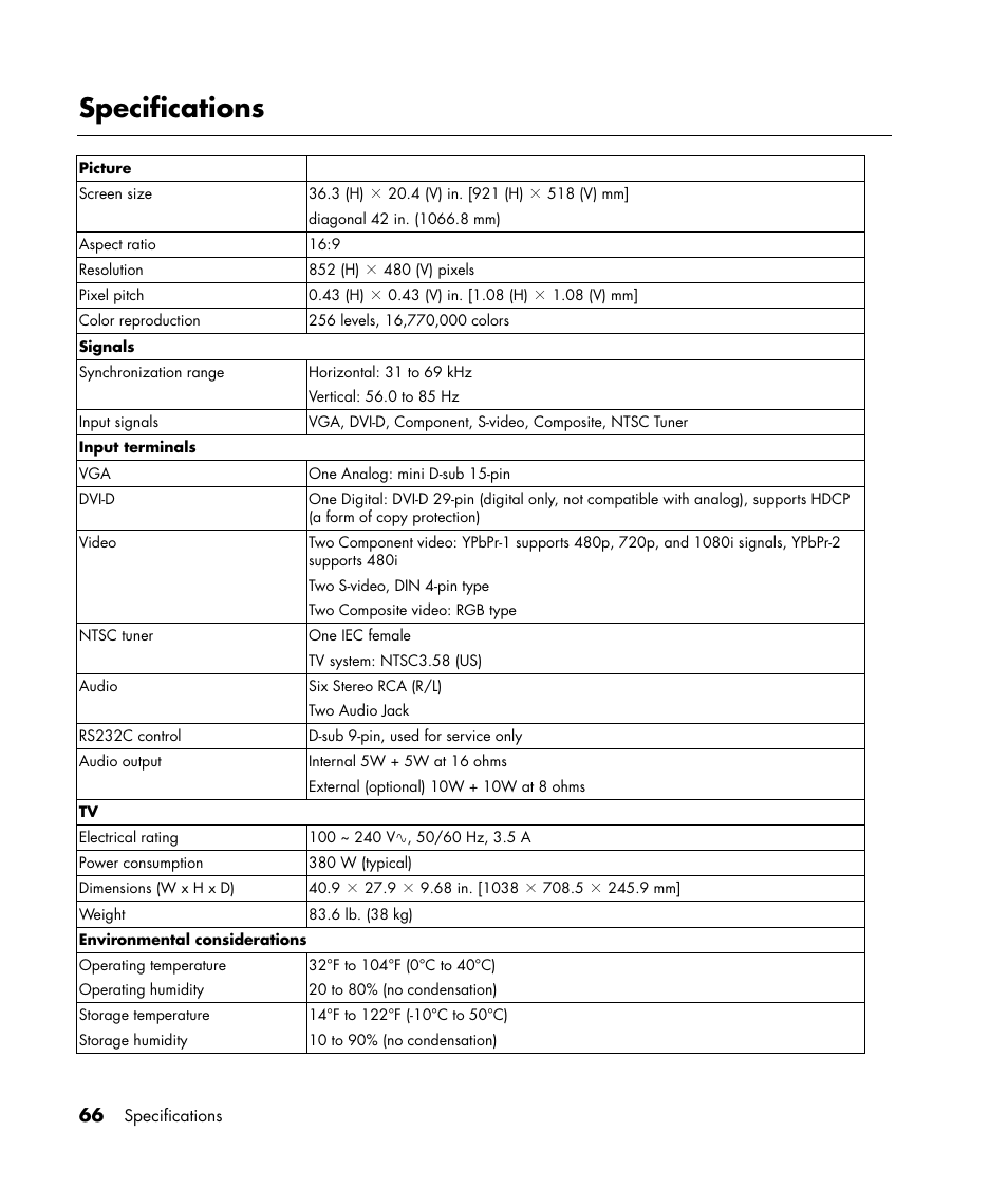 Specifications | HP PE4240N User Manual | Page 70 / 80