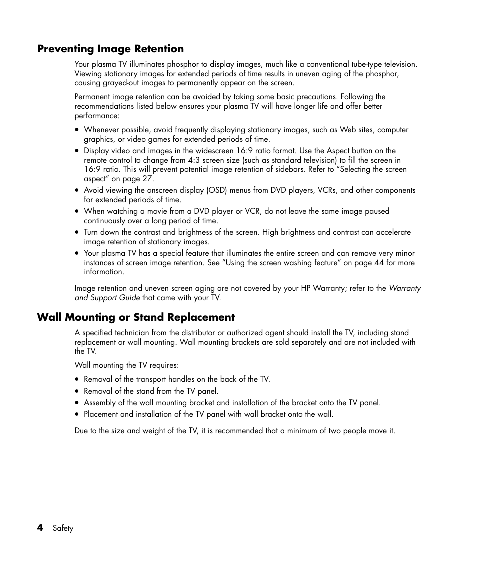 Preventing image retention, Wall mounting or stand replacement | HP PE4240N User Manual | Page 8 / 80