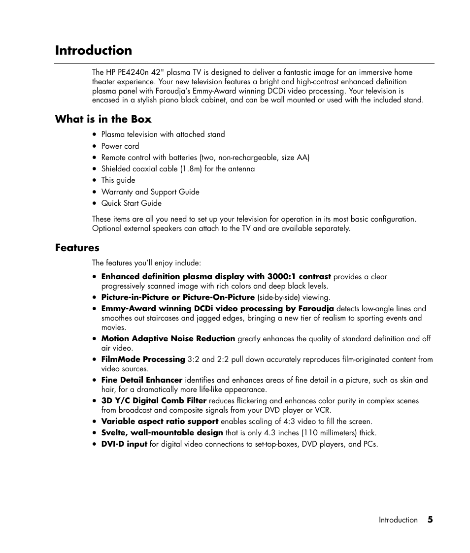 Introduction, What is in the box, Features | HP PE4240N User Manual | Page 9 / 80