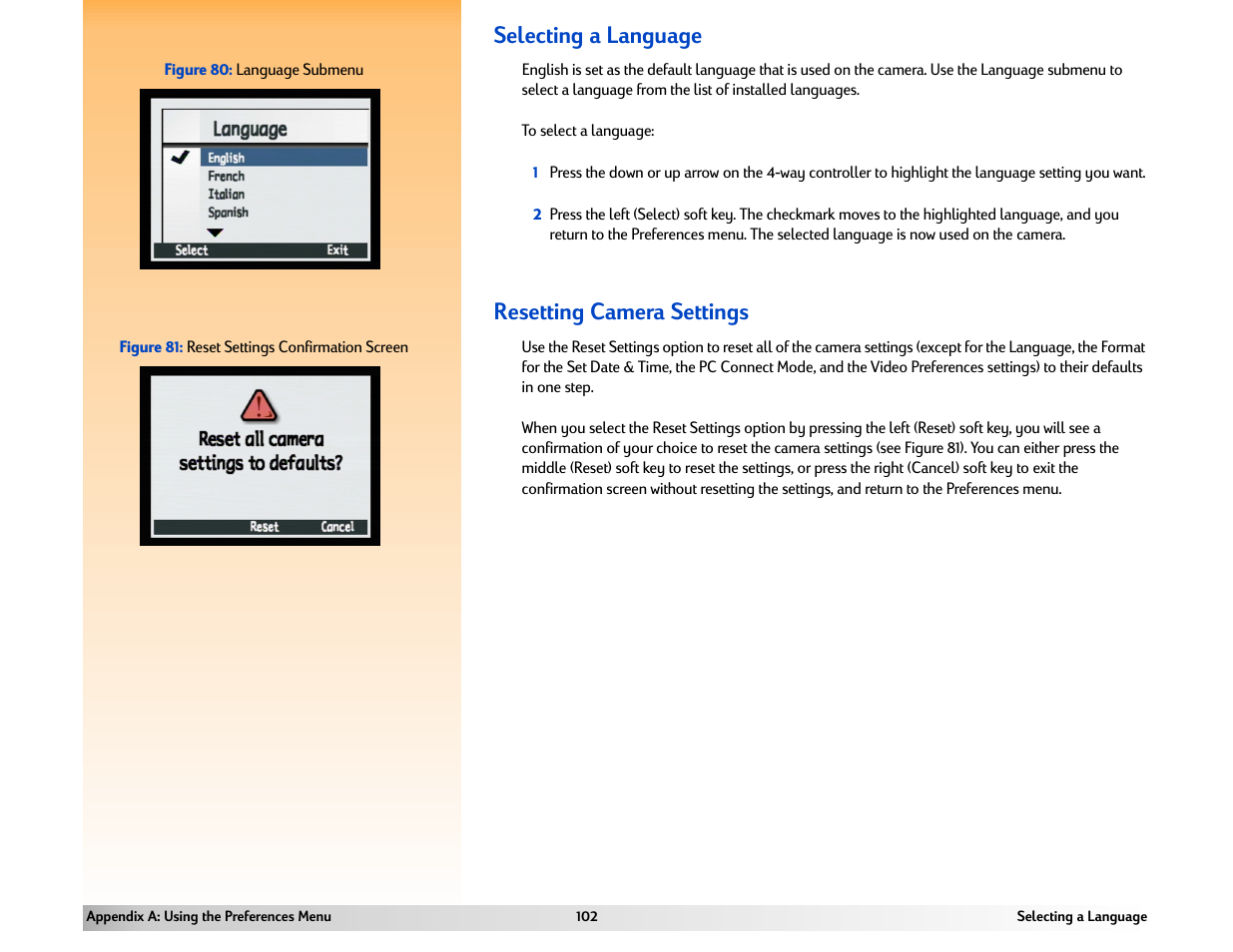 Selecting a language, Resetting camera settings, Selecting a language resetting camera settings | HP 618 User Manual | Page 102 / 129