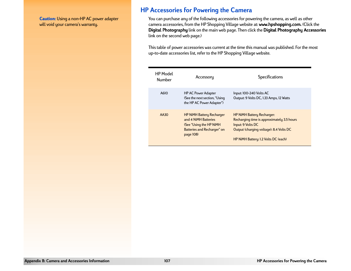 Hp accessories for powering the camera | HP 618 User Manual | Page 107 / 129