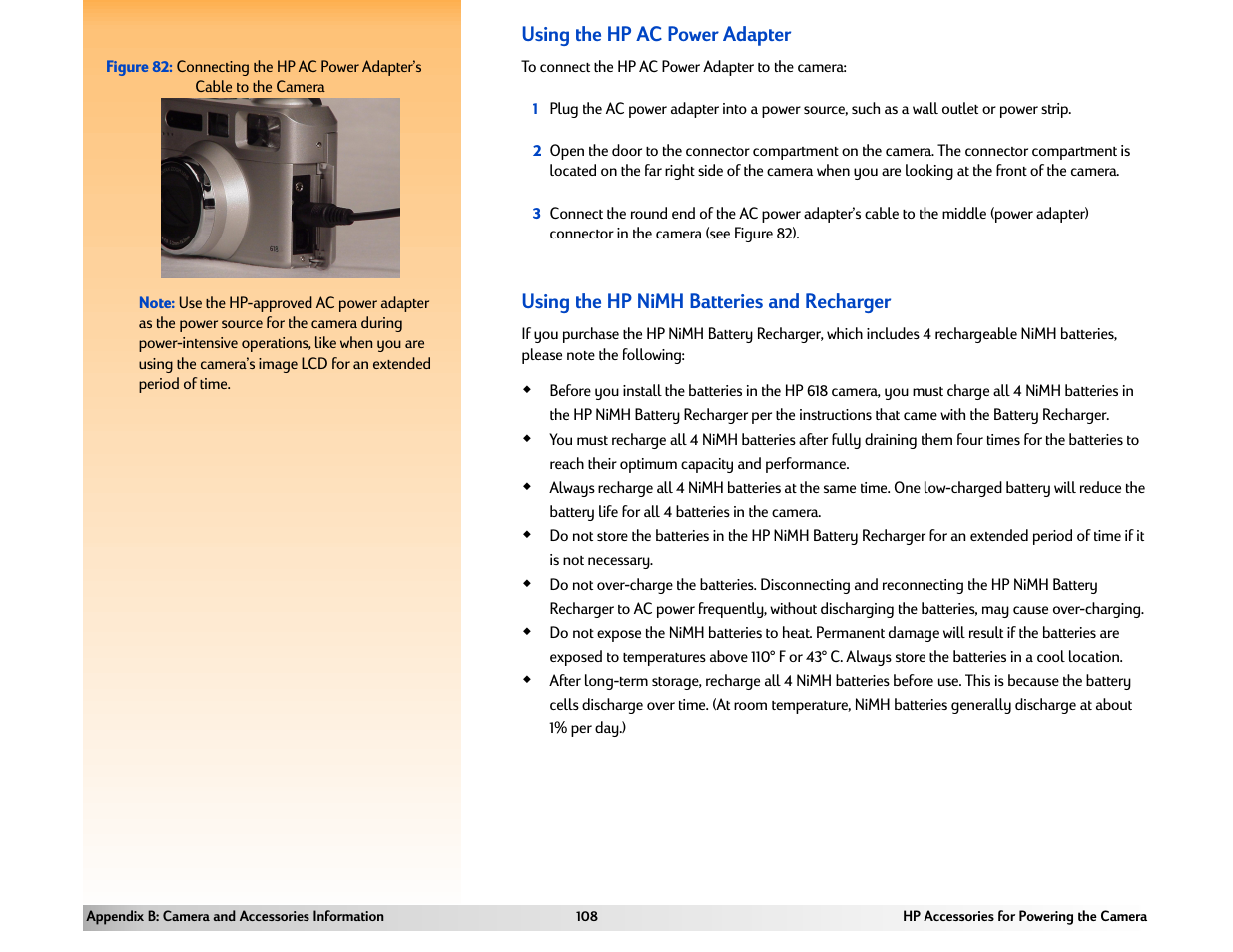 Using the hp ac power adapter, Using the hp nimh batteries and recharger | HP 618 User Manual | Page 108 / 129