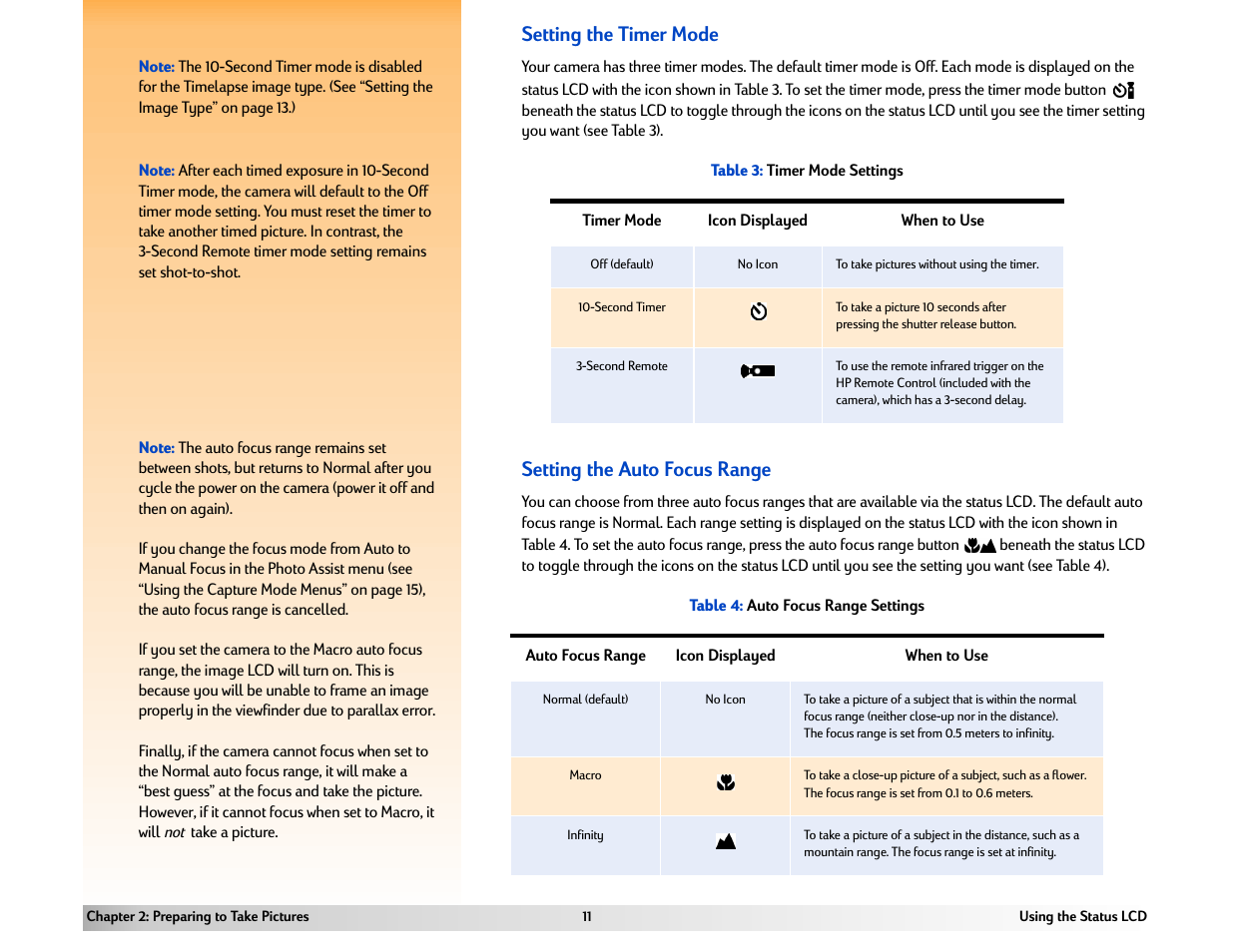 Setting the timer mode, Setting the auto focus range | HP 618 User Manual | Page 11 / 129