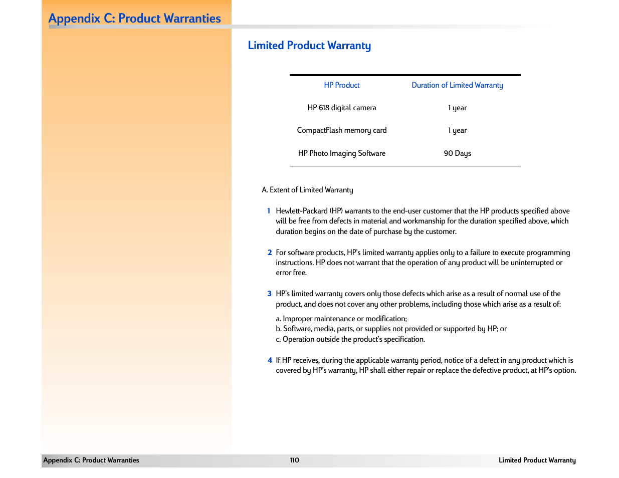 Appendix c: product warranties, Limited product warranty | HP 618 User Manual | Page 110 / 129