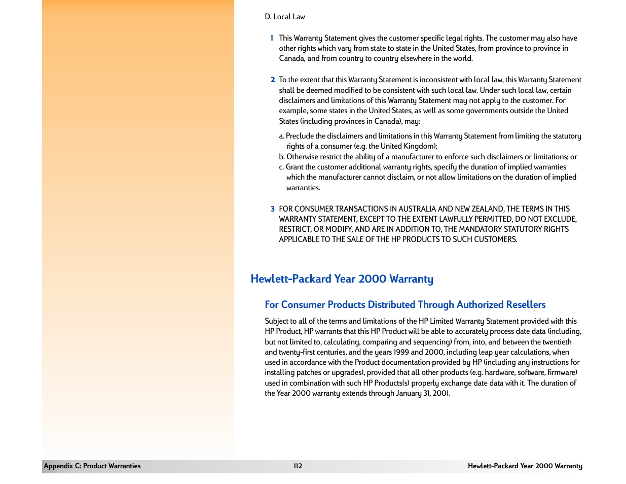 Hewlett-packard year 2000 warranty | HP 618 User Manual | Page 112 / 129