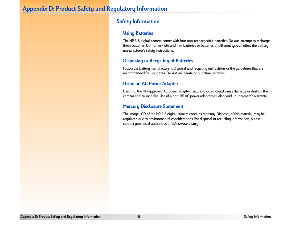 Safety information, Using batteries, Disposing or recycling of batteries | Using an ac power adapter, Mercury disclosure statement, Appendix d: product safety and, Regulatory information | HP 618 User Manual | Page 113 / 129