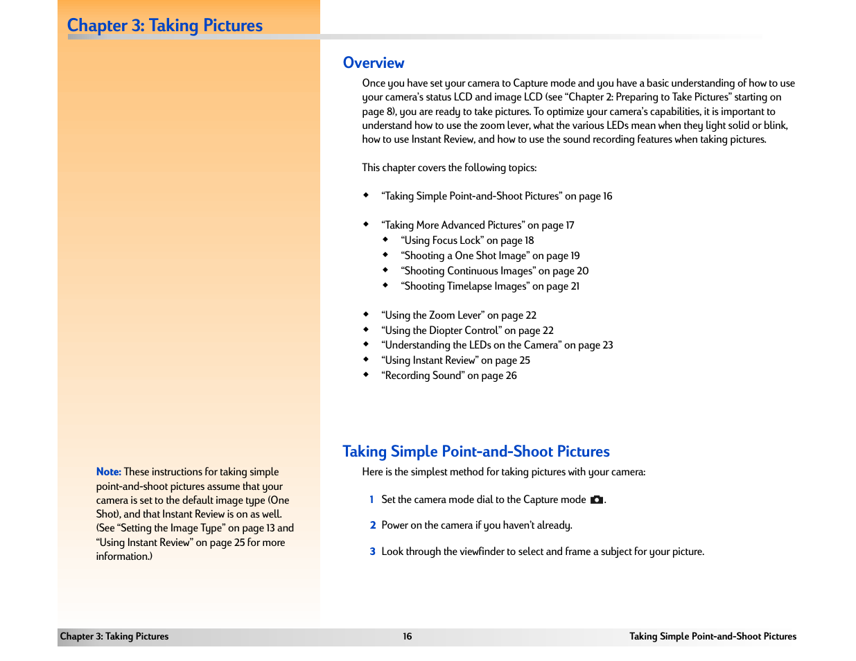 Chapter 3: taking pictures, Taking simple point-and-shoot pictures, Overview | HP 618 User Manual | Page 16 / 129