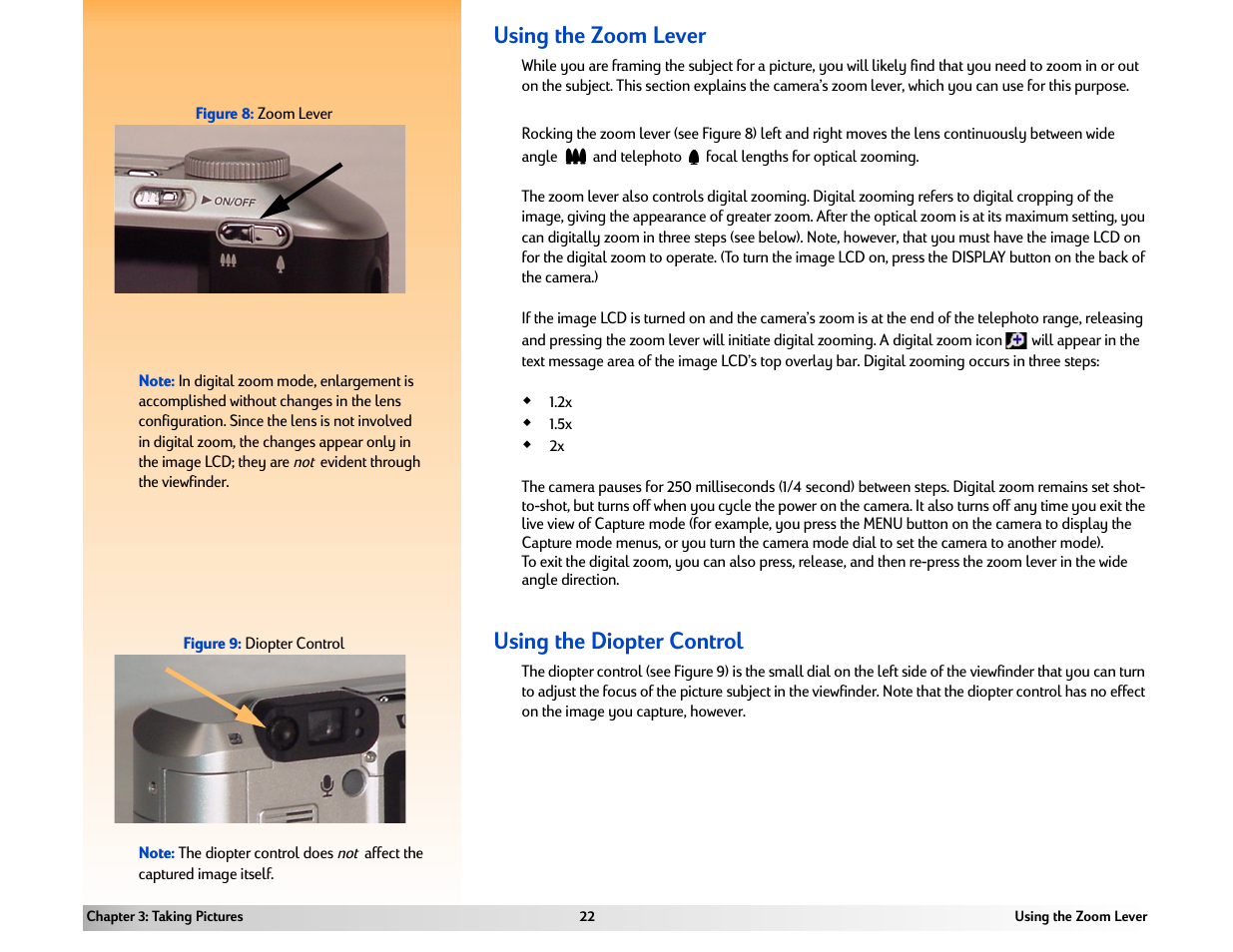 Using the zoom lever, Using the diopter control, Using the zoom lever using the diopter control | HP 618 User Manual | Page 22 / 129