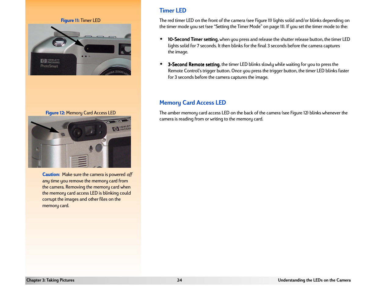 Timer led, Memory card access led | HP 618 User Manual | Page 24 / 129