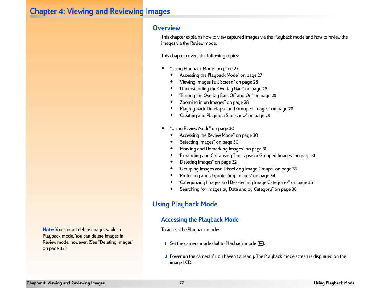 Chapter 4: viewing and reviewing images, Using playback mode, Accessing the playback mode | Chapter 4: viewing and reviewing, Images, Overview | HP 618 User Manual | Page 27 / 129