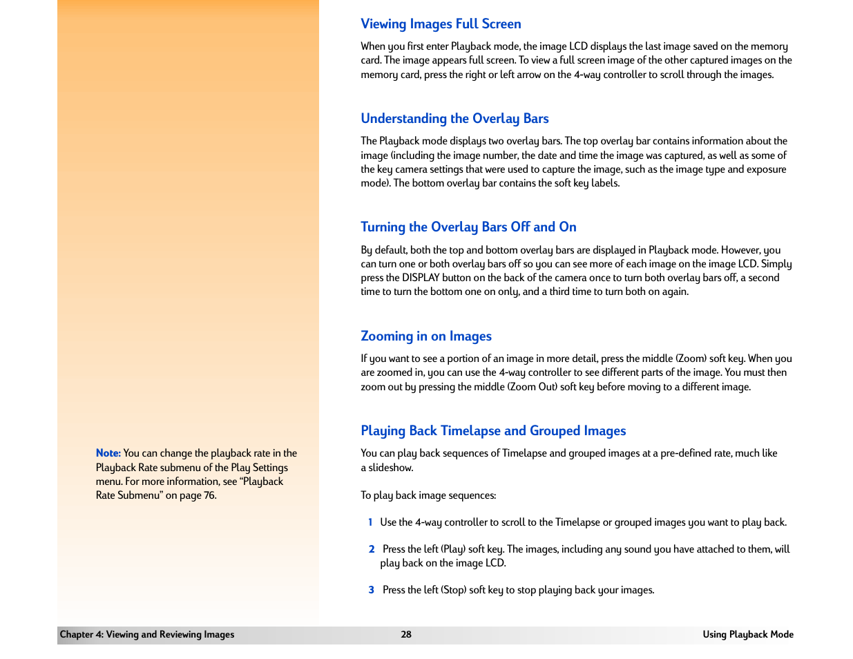 Viewing images full screen, Understanding the overlay bars, Turning the overlay bars off and on | Zooming in on images, Playing back timelapse and grouped images | HP 618 User Manual | Page 28 / 129