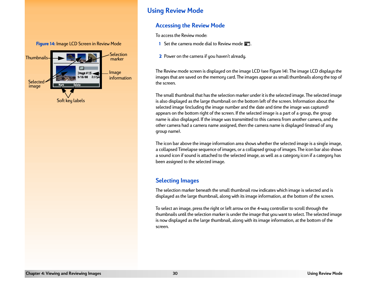 Using review mode, Accessing the review mode, Selecting images | HP 618 User Manual | Page 30 / 129