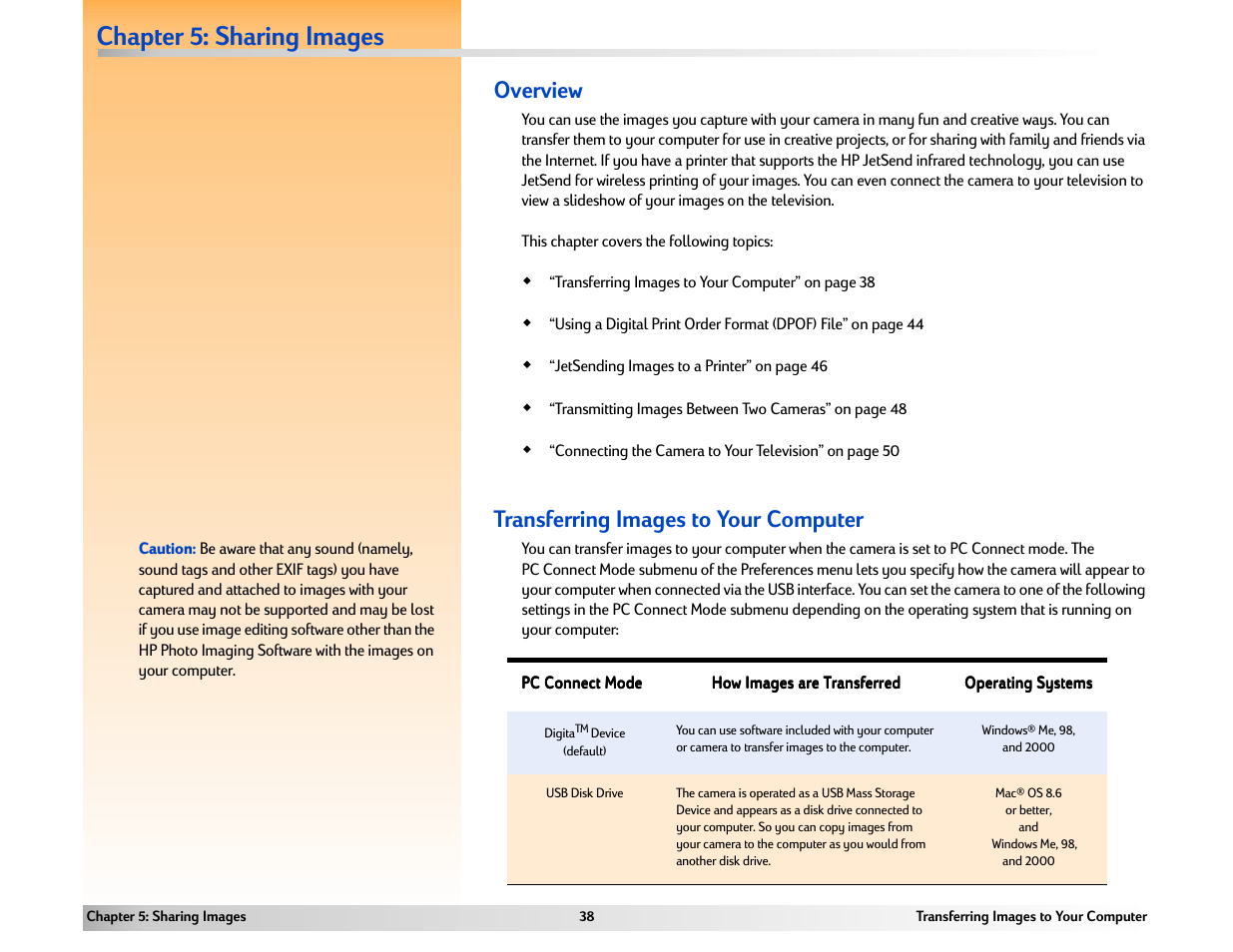 Chapter 5: sharing images, Transferring images to your computer, Overview | HP 618 User Manual | Page 38 / 129