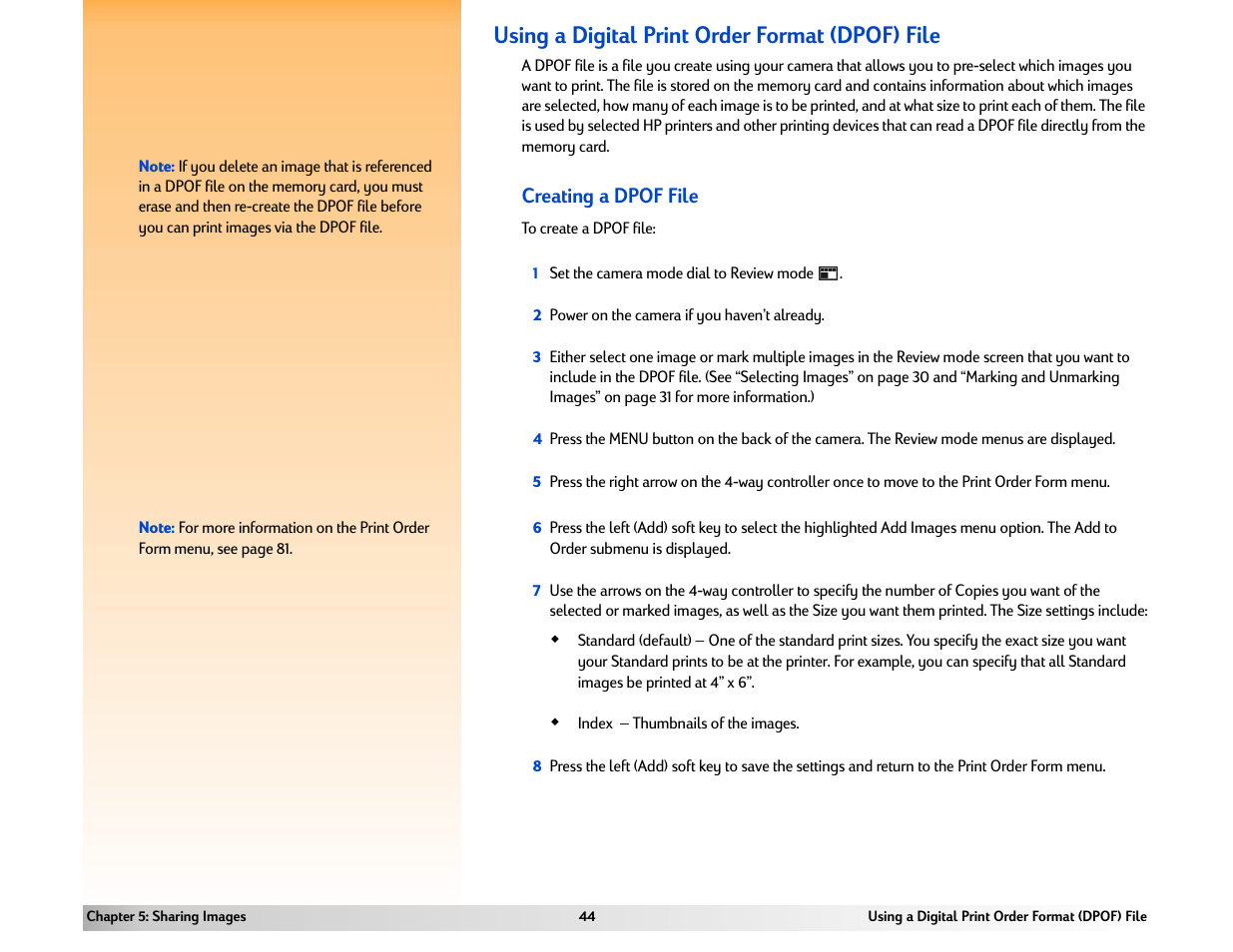 Using a digital print order format (dpof) file, Creating a dpof file | HP 618 User Manual | Page 44 / 129