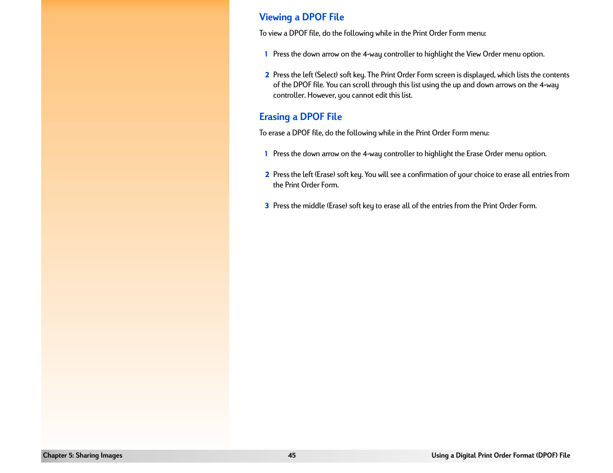 Viewing a dpof file, Erasing a dpof file | HP 618 User Manual | Page 45 / 129