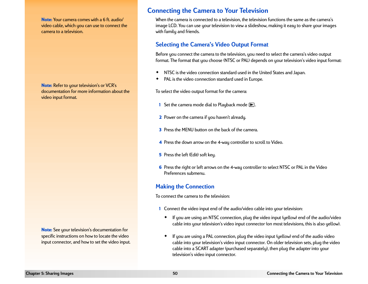 Connecting the camera to your television, Selecting the camera’s video output format, Making the connection | HP 618 User Manual | Page 50 / 129