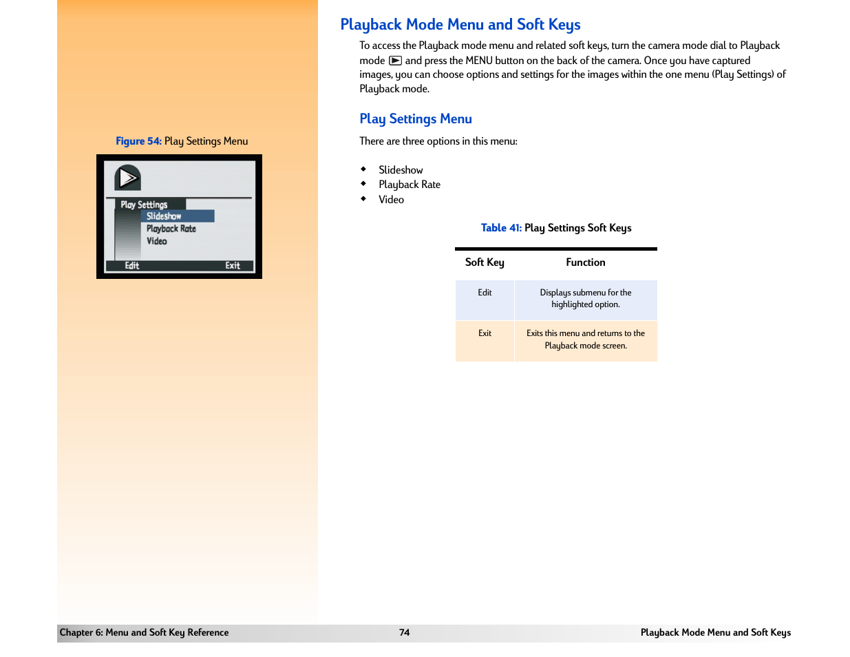 Playback mode menu and soft keys, Play settings menu | HP 618 User Manual | Page 74 / 129