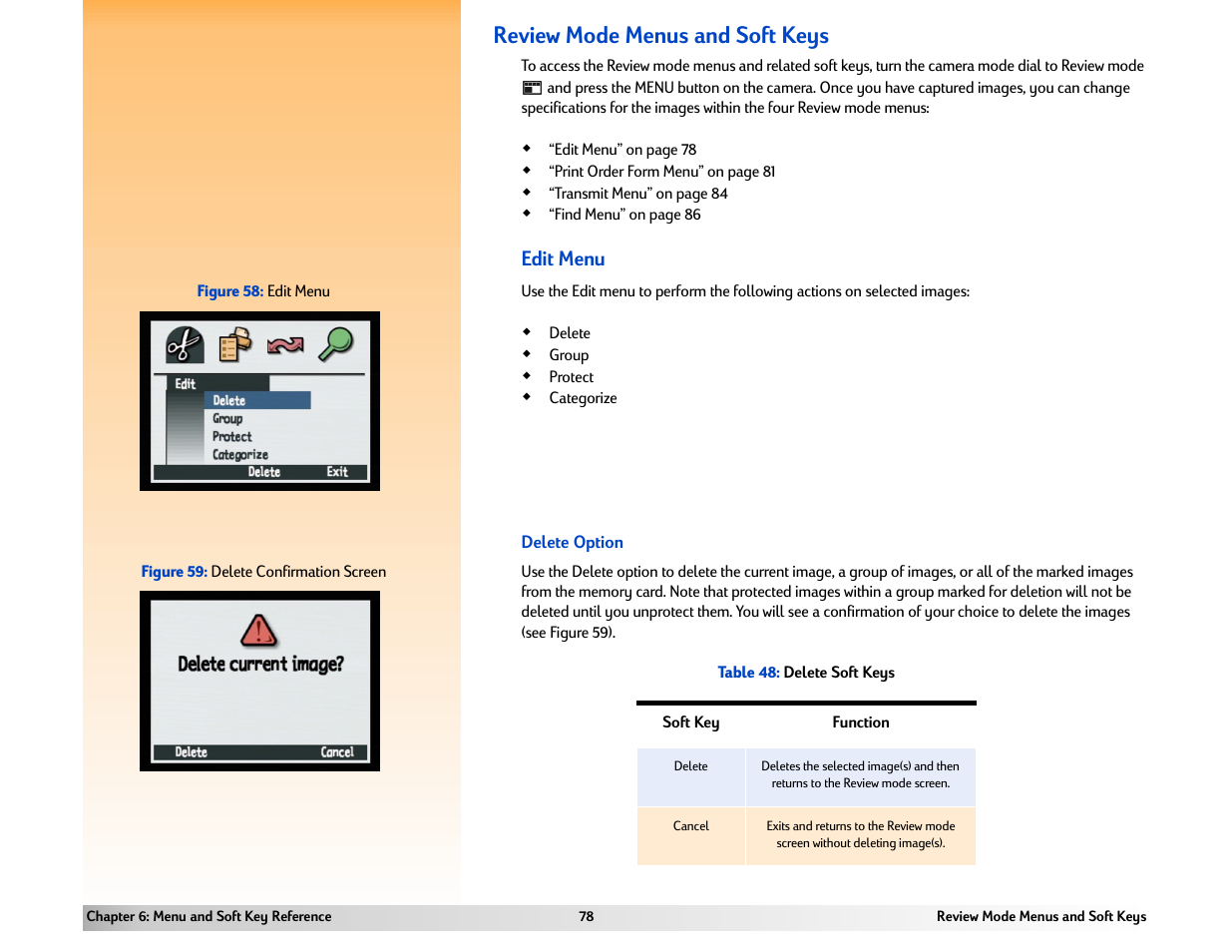 Review mode menus and soft keys, Edit menu | HP 618 User Manual | Page 78 / 129