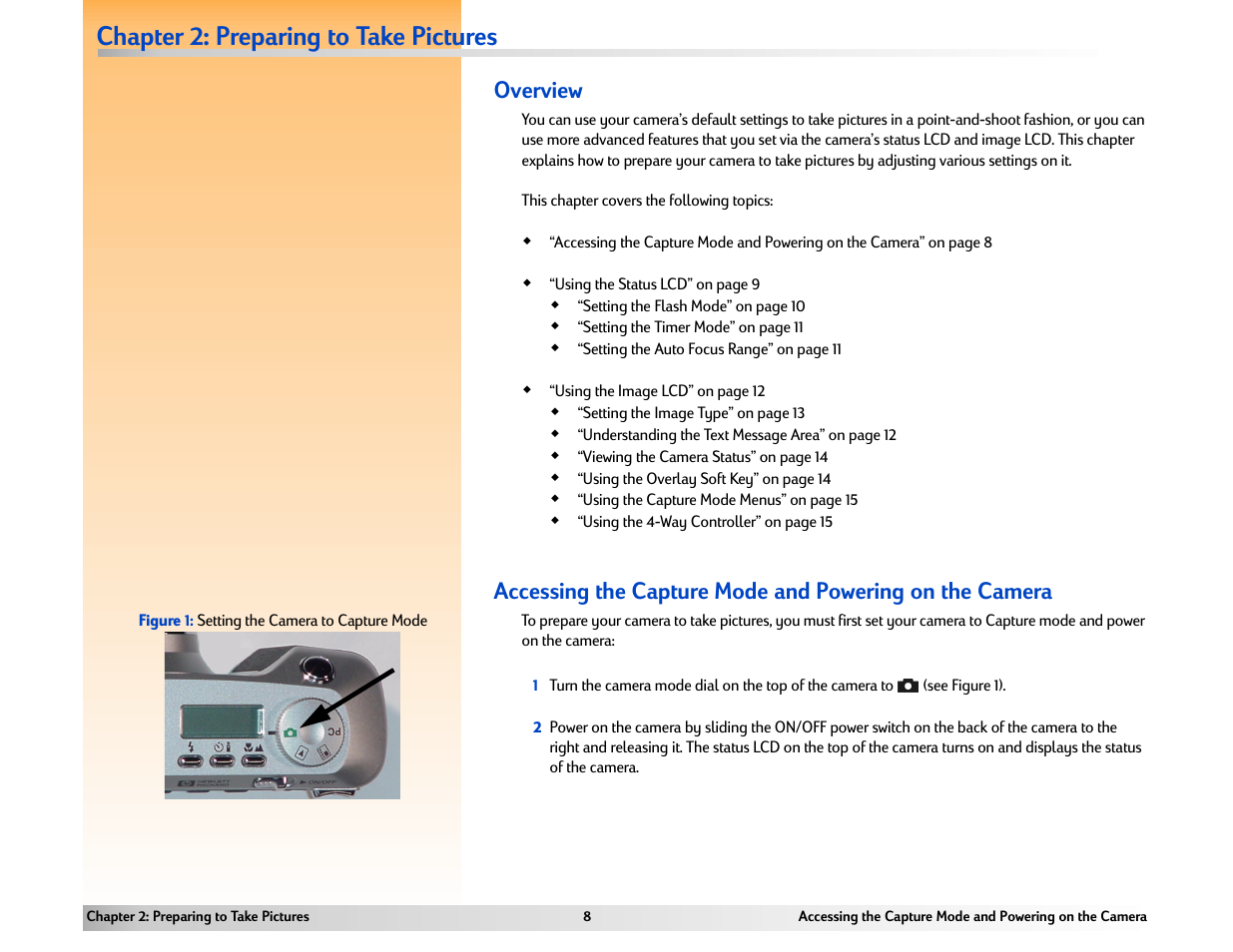 Chapter 2: preparing to take pictures, Overview | HP 618 User Manual | Page 8 / 129