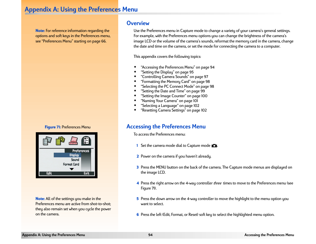 Appendix a: using the preferences menu, Accessing the preferences menu, Overview | HP 618 User Manual | Page 94 / 129