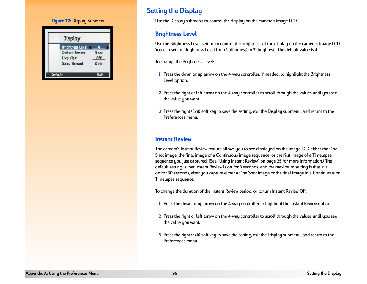 Setting the display, Brightness level, Instant review | HP 618 User Manual | Page 95 / 129