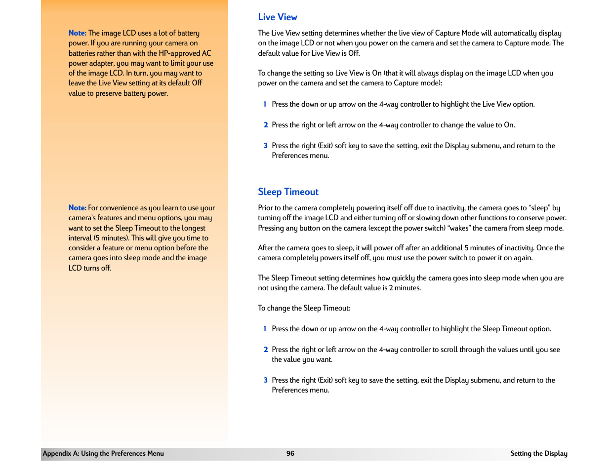 Live view, Sleep timeout | HP 618 User Manual | Page 96 / 129