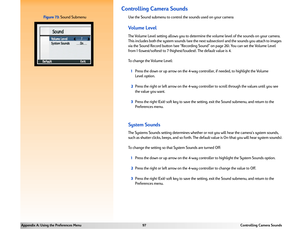 Controlling camera sounds, Volume level, System sounds | HP 618 User Manual | Page 97 / 129