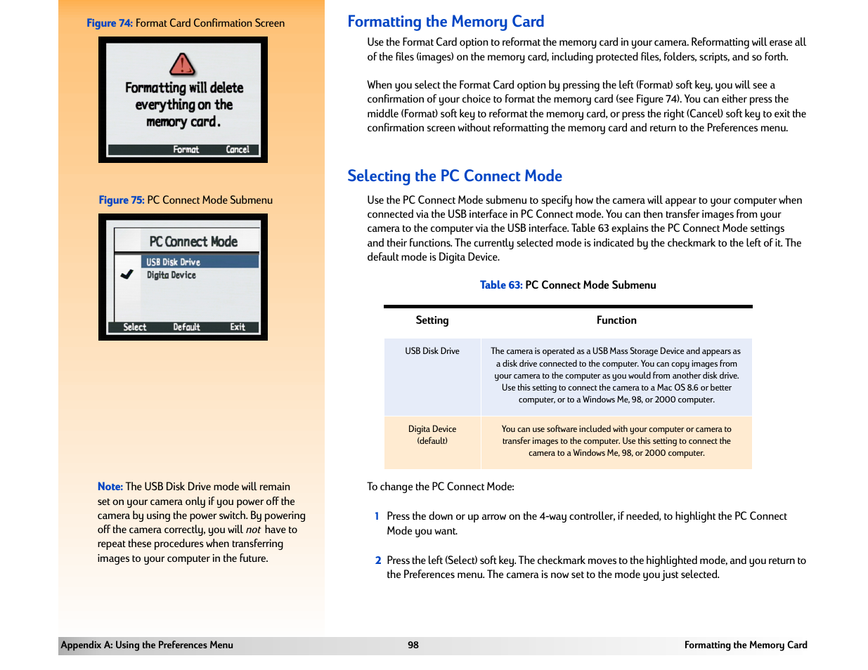 Formatting the memory card, Selecting the pc connect mode | HP 618 User Manual | Page 98 / 129