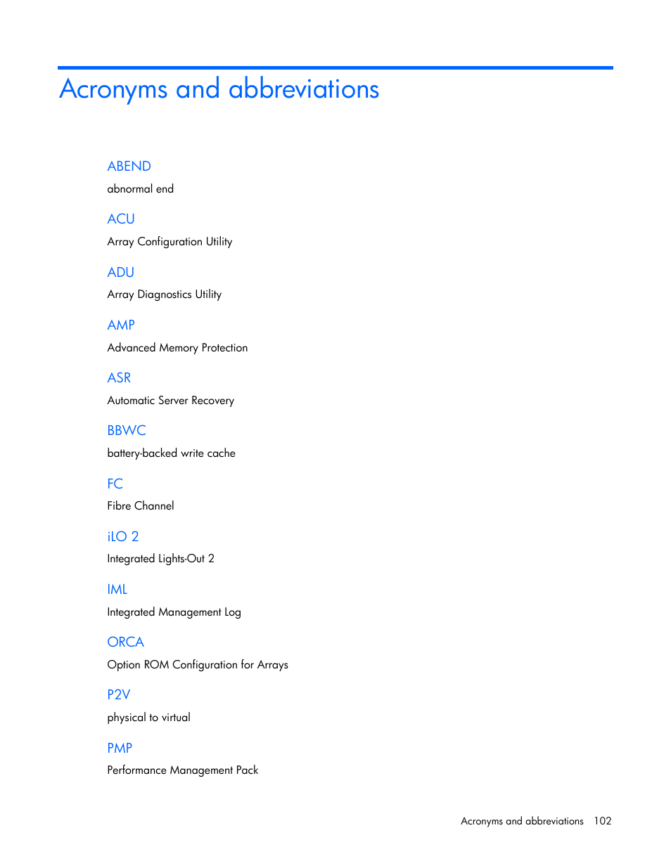 Acronyms and abbreviations | HP PROLIANT SERVER BLADE BL460C G6 User Manual | Page 102 / 108