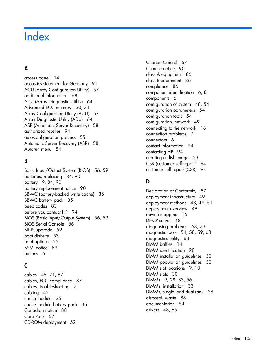 Index | HP PROLIANT SERVER BLADE BL460C G6 User Manual | Page 105 / 108