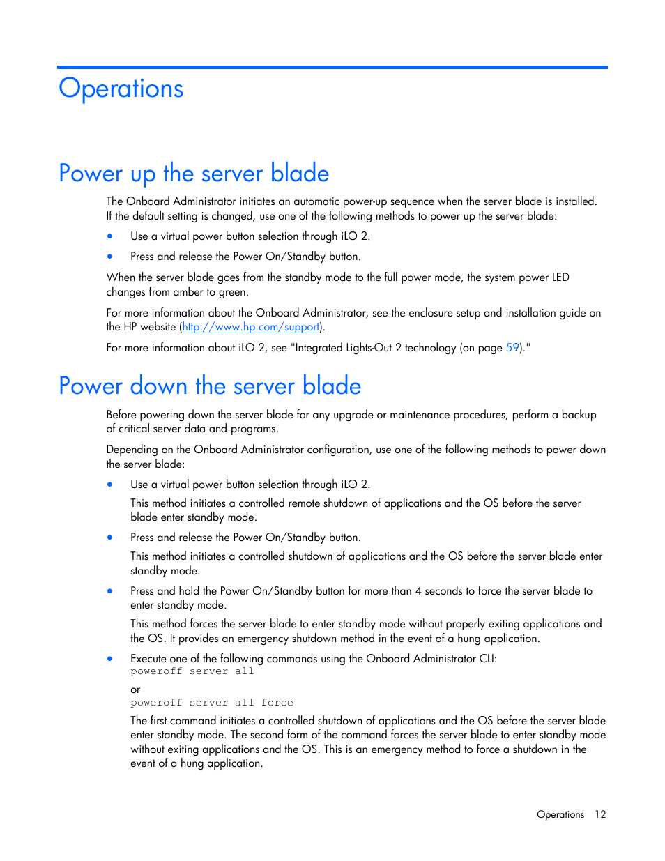 Operations, Power up the server blade, Power down the server blade | HP PROLIANT SERVER BLADE BL460C G6 User Manual | Page 12 / 108