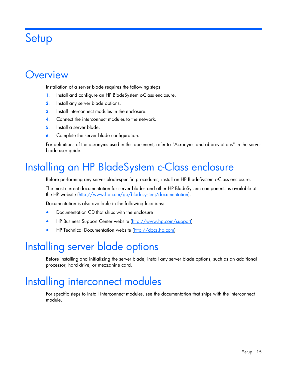 Setup, Overview, Installing an hp bladesystem c-class enclosure | Installing server blade options, Installing interconnect modules | HP PROLIANT SERVER BLADE BL460C G6 User Manual | Page 15 / 108