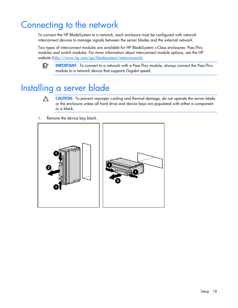 Connecting to the network, Installing a server blade | HP PROLIANT SERVER BLADE BL460C G6 User Manual | Page 18 / 108